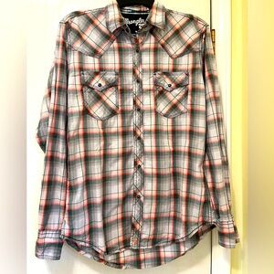 Wrangler 20X Shirt Medium Coral Blue Rodeo Cowboy Western Pearl Snap Button
